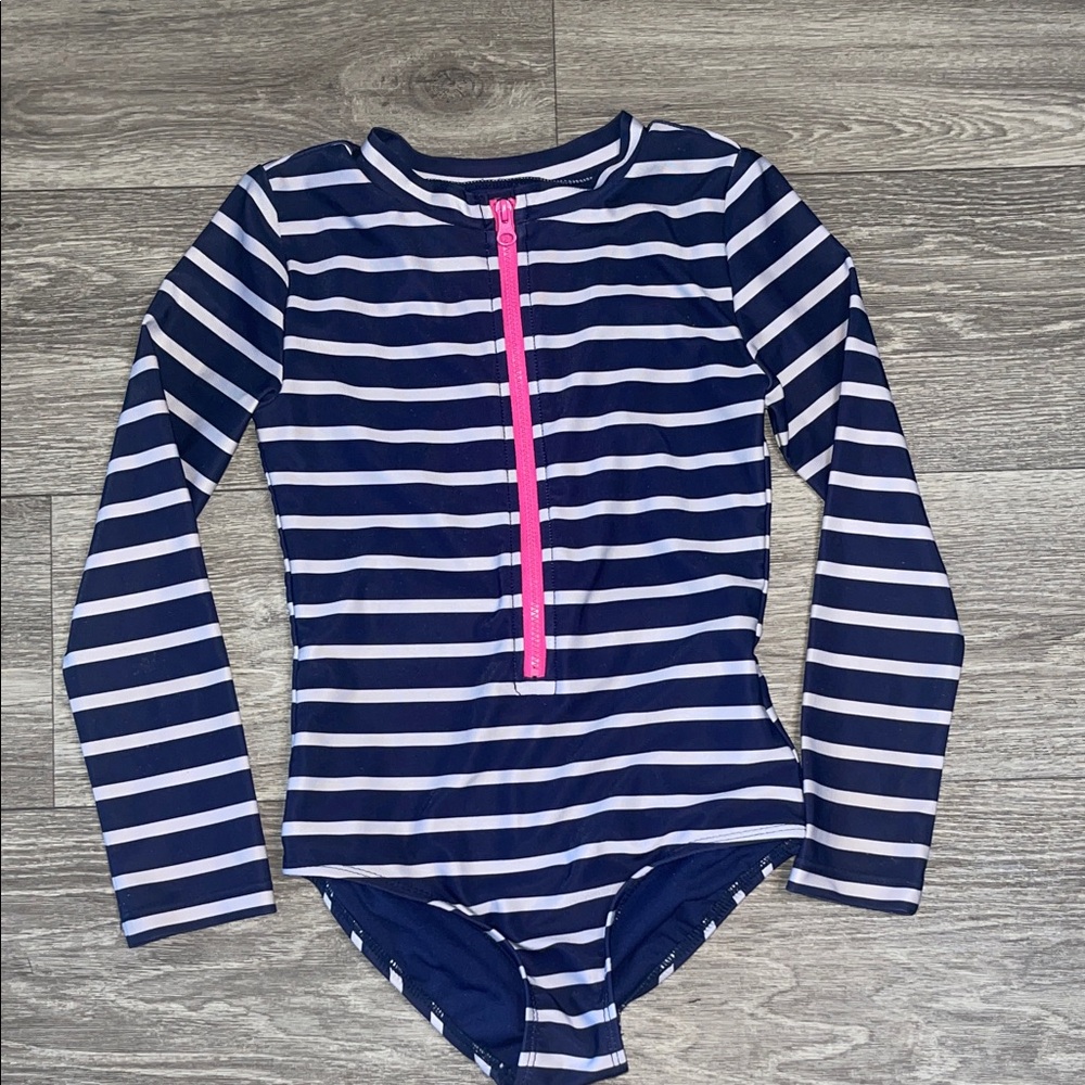 GAP Navy and White Striped Kids Rashguard with Pink Zipper